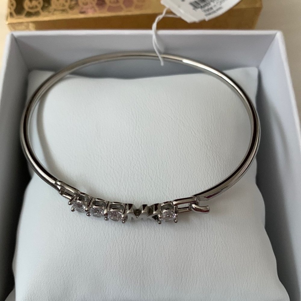 MICHAEL KORS Crystal Logo Hinged Bangle in Silver - Picture 5 of 5